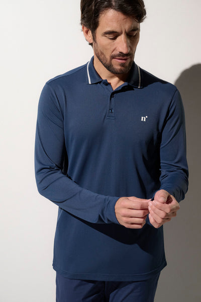 Polo anti-UV bleu marine pour homme, léger et respirant, idéal pour le golf sous le soleil avec protection UPF50+.