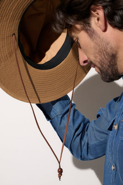 "Homme ajustant un chapeau anti-UV beige avec lien, offrant protection solaire UPF50+ pour journées ensoleillées."