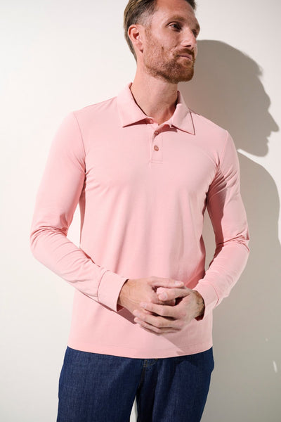 Polo anti-UV rose pour homme, manches longues, UPF 50+, idéal pour sorties en plein air.