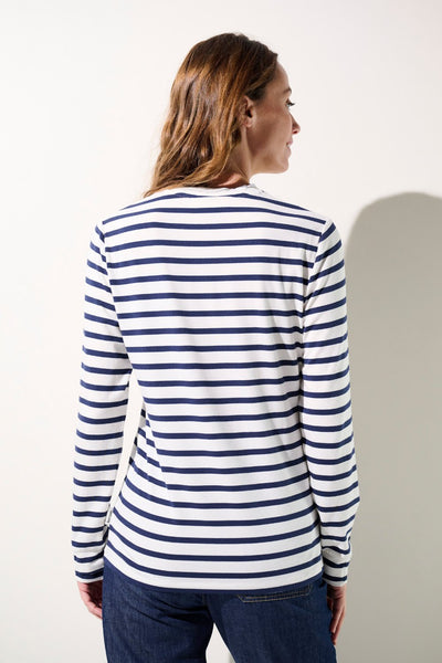 T-shirt anti-UV à rayures pour femme, léger et confortable, certifié UPF 50+, idéal pour les activités en extérieur.