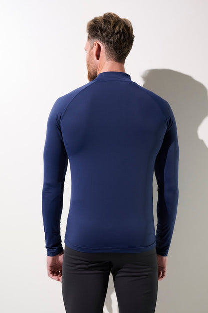 T-shirt de bain anti-UV bleu marine pour homme, manches longues UPF 50+, idéal pour activités aquatiques.