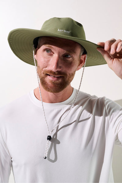 Chapeau anti-UV - Oasis vert avec cordon, léger et respirant pour homme, UPF 50+ pour activités en extérieur.