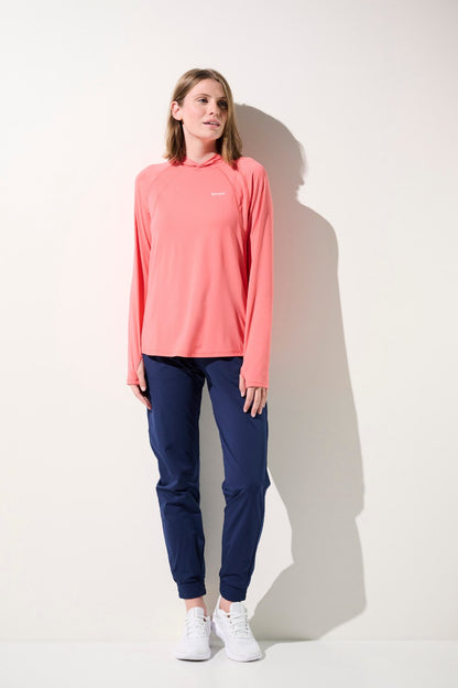 T-shirt anti-UV à capuche - Oasis pour femme, rose, léger et respirant, idéal pour les activités sportives.