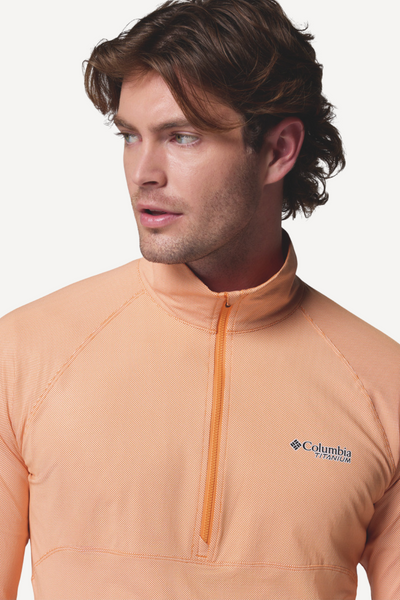 Sweat-shirt anti-UV pour homme, léger et respirant, col zippé et protection solaire UPF 50+, couleur orange.