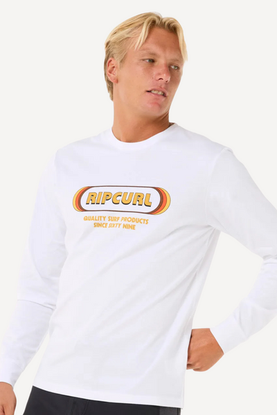 T-shirt anti-UV blanc à manches longues pour homme de Rip Curl, idéal pour la plage et la protection solaire.