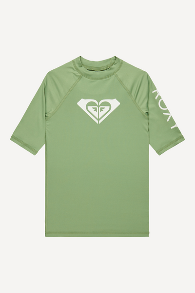 T-shirt de bain anti-UV vert kaki pour enfant, à manches courtes, UPF 50+, idéal pour les activités aquatiques.