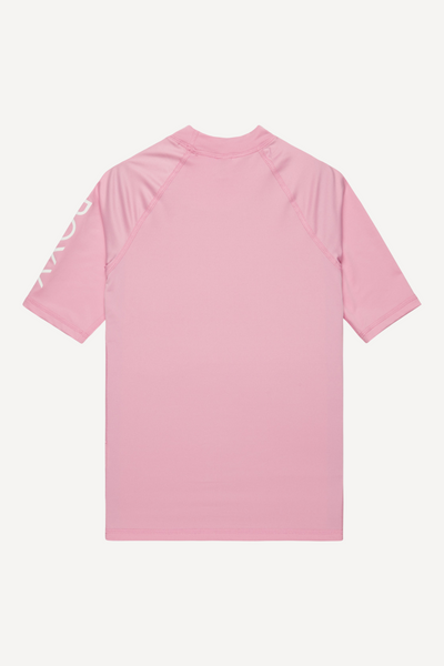 T-shirt de bain anti-UV rose pour enfant, UPF 50+, léger et idéal pour les activités aquatiques.